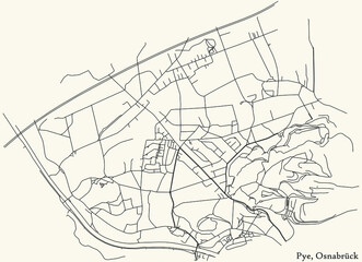 Detailed navigation black lines urban street roads map of the PYE DISTRICT of the German regional capital city of Osnabrück, Germany on vintage beige background