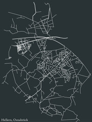Detailed negative navigation white lines urban street roads map of the HELLERN DISTRICT of the German regional capital city of Osnabrück, Germany on dark gray background