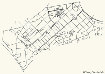 Detailed navigation black lines urban street roads map of the WÜSTE DISTRICT of the German regional capital city of Osnabrück, Germany on vintage beige background