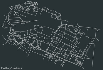 Detailed negative navigation white lines urban street roads map of the FLEDDER DISTRICT of the German regional capital city of Osnabrück, Germany on dark gray background