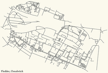 Detailed navigation black lines urban street roads map of the FLEDDER DISTRICT of the German regional capital city of Osnabrück, Germany on vintage beige background