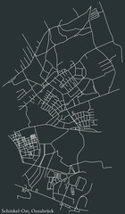 Detailed negative navigation white lines urban street roads map of the SCHINKEL-OST DISTRICT of the German regional capital city of Osnabrück, Germany on dark gray background