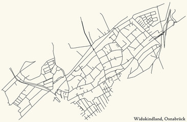 Detailed navigation black lines urban street roads map of the WIDUKINDLAND DISTRICT of the German regional capital city of Osnabrück, Germany on vintage beige background