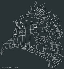 Detailed negative navigation white lines urban street roads map of the SCHINKEL DISTRICT of the German regional capital city of Osnabrück, Germany on dark gray background