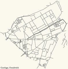 Fototapeta na wymiar Detailed navigation black lines urban street roads map of the GARTLAGE DISTRICT of the German regional capital city of Osnabrück, Germany on vintage beige background