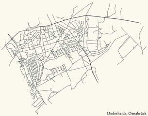 Detailed navigation black lines urban street roads map of the DODESHEIDE DISTRICT of the German regional capital city of Osnabrück, Germany on vintage beige background