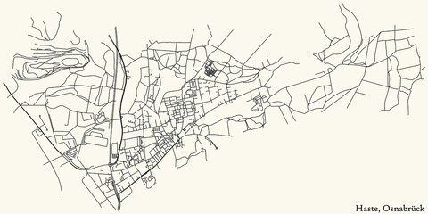 Fototapeta premium Detailed navigation black lines urban street roads map of the HASTE DISTRICT of the German regional capital city of Osnabrück, Germany on vintage beige background