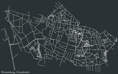 Detailed negative navigation white lines urban street roads map of the WESTERBERG DISTRICT of the German regional capital city of Osnabrück, Germany on dark gray background