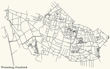 Detailed navigation black lines urban street roads map of the WESTERBERG DISTRICT of the German regional capital city of Osnabrück, Germany on vintage beige background