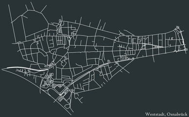 Detailed negative navigation white lines urban street roads map of the WESTSTADT DISTRICT of the German regional capital city of Osnabrück, Germany on dark gray background