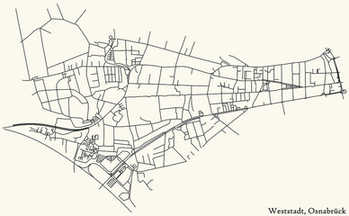 Detailed navigation black lines urban street roads map of the WESTSTADT DISTRICT of the German regional capital city of Osnabrück, Germany on vintage beige background