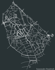 Detailed negative navigation white lines urban street roads map of the INNENSTADT DISTRICT of the German regional capital city of Osnabrück, Germany on dark gray background