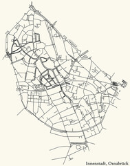 Detailed navigation black lines urban street roads map of the INNENSTADT DISTRICT of the German regional capital city of Osnabr&uuml;ck, Germany on vintage beige background