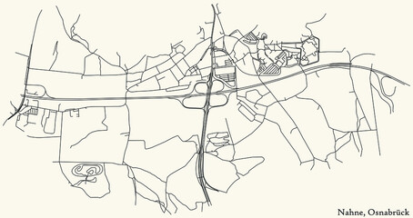 Obraz premium Detailed navigation black lines urban street roads map of the NAHNE DISTRICT of the German regional capital city of Osnabrück, Germany on vintage beige background