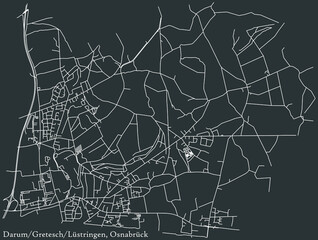 Detailed negative navigation white lines urban street roads map of the DARUM-GRETESCH-LÜSTRINGEN DISTRICT of the German regional capital city of Osnabrück, Germany on dark gray background