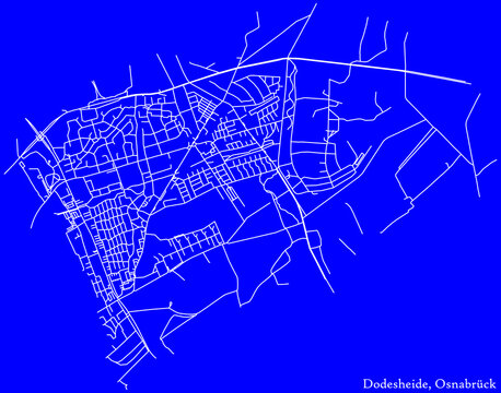 Detailed technical drawing navigation white lines urban street roads map of the DODESHEIDE  DISTRICT of the German regional capital city of Osnabrück, Germany on dark blue  background