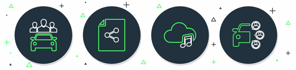 Set line Share file, Music streaming service, Car sharing and icon. Vector