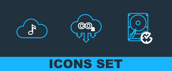 Set line Hard disk drive with clockwise, Music streaming service and CO2 emissions cloud icon. Vector