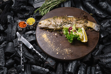 grilled fish in the kitchen of the restaurant
