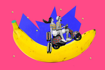 Collage picture of two people girl guy black white effect drive moped huge banana drawing stars creative background