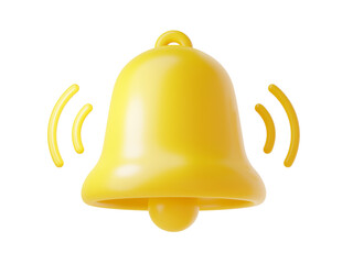 Notification bell icon 3d render - cute cartoon illustration of simple yellow bell for reminder or notice concept.