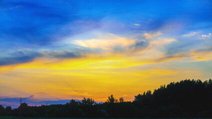 Sunset in the countryside in summer. View  silhouette of trees against blue yellow Ukrainian sky