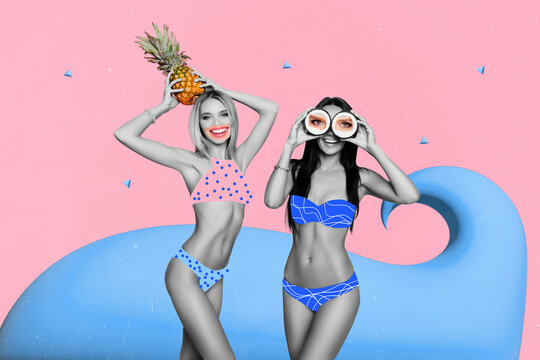 Creative collage image of two crazy cheerful girls black white effect arms hold pineapple coconut eyes isolated on painted background