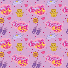 Slumber party seamless pattern with lettering and party elements.