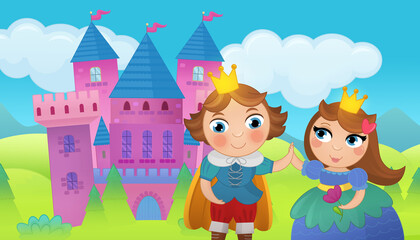 Obraz na płótnie Canvas Cartoon castle and prince with princess illustration