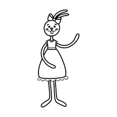 Cute cartoon hare line art. Animal rabbit. Eared character bunny girl in a dress welcomes with a paw. Hand drawn vector doodle illustration. Black and white isolated element.