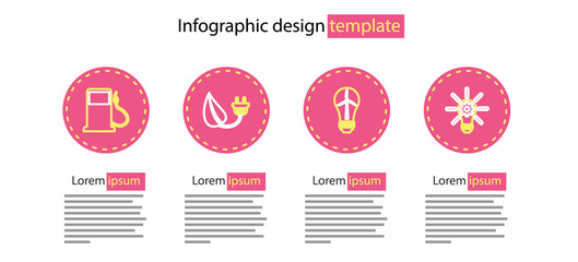 Set line Light bulb with wind turbine, gear, Electric saving plug leaf and Petrol or Gas station icon. Vector