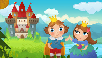Cartoon castle and prince with princess illustration