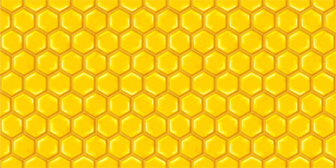 Background with honeycombs. Seamless pattern. Pattern with gold hexagons. Beehive honeycomb with hexagon grid cells background. Geometric background. Natural product.