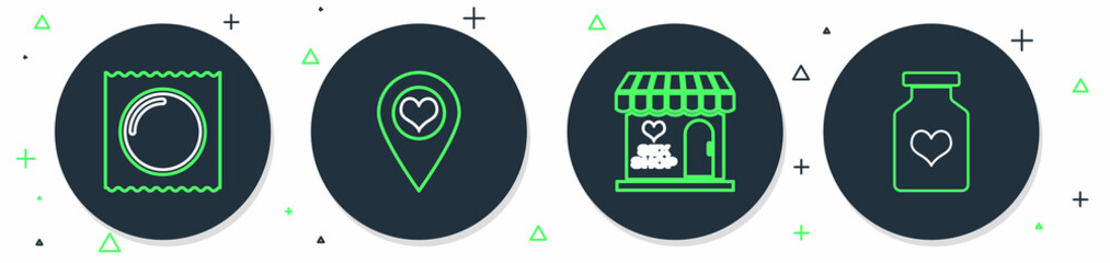 Set line Location with heart, Sex shop building, Condom package and Bottle pills for potency icon. Vector
