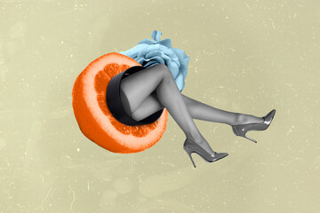 Composite collage image of girl legs black white colors stick through half orange fruit isolated on...