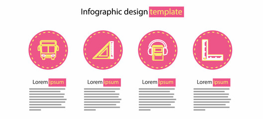 Set line Audio book, Folding ruler, Triangular and Bus icon. Vector