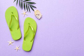 Flat lay composition with flip flops and seashell on colored background. Space for text top view