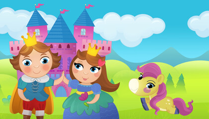 Cartoon castle and prince with princess illustration