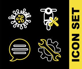 Set line Scooter service, Wrench and gear, Speech bubble chat and Bacteria icon. Vector