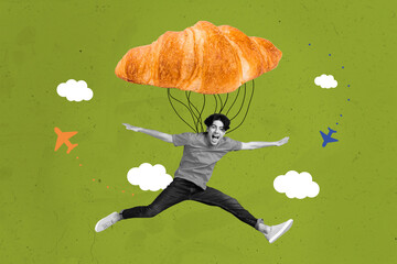 Photo cartoon comics sketch picture of funny funky guy flying huge big croissant isolated painting green background - Powered by Adobe