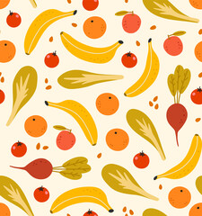 Seamless pattern of fruits and vegetables. Bananas, oranges, apples, beetroot, lettuce, tomato, and almond nuts. Hand-drawn raw food. Eat local.