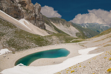 Pilato lakes crystal water aerial view on Sibillini mountains in Marche region, Italy.