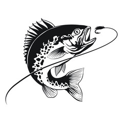 Bass catch fishing lure line drawing style on white background. Design element for icon logo, label, emblem, sign, and brand mark.Vector illustration.