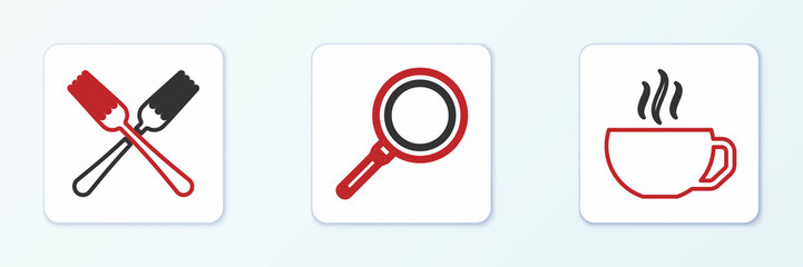 Set line Coffee cup, Crossed fork and Frying pan icon. Vector