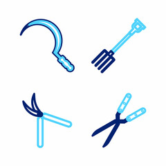Set line Gardening handmade scissor, pitchfork and Bucket icon. Vector