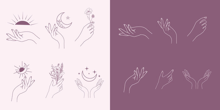 A set of Woman's hand icon collections in a minimal linear style. Vector logo design Templates with different hand gestures, Crystal. For cosmetics, beauty, tattoo, Spa, feminine, jewelry store.