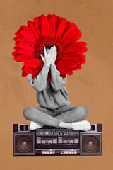 Creative 3d photo artwork graphics painting of funny funky lady red flower instead of head sitting...