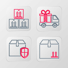 Set line Cardboard box with traffic, Delivery security shield, truck gift and icon. Vector