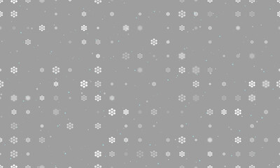 Seamless background pattern of evenly spaced white hive symbols of different sizes and opacity. Vector illustration on gray background with stars