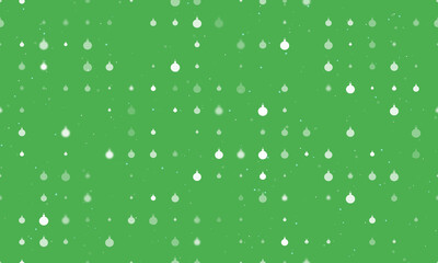Seamless background pattern of evenly spaced white Christmas tree toys of different sizes and opacity. Vector illustration on green background with stars